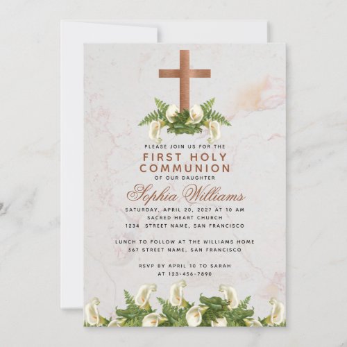 First Communion Copper Cross Calla Lilies Marble Invitation