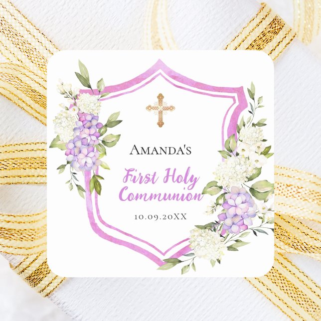 First Communion crest pink flowers Square Sticker (Creator Uploaded)