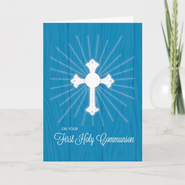 First Communion Cross and Rays on Blue Wood Card (Front)