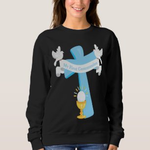First Communion Cross Blue Grandson Boys Christian Sweatshirt