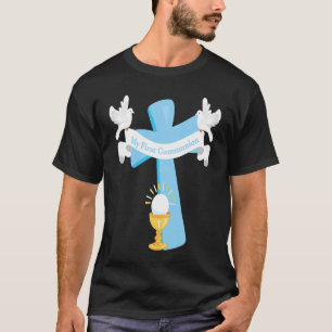 First Communion Cross Blue Grandson Boys Christian T-Shirt