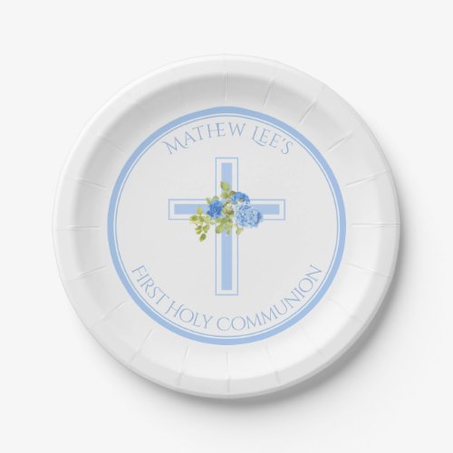 First Communion Cross Blue Roses Monogrammed Name Paper Plates