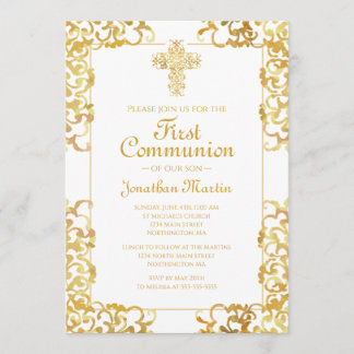 First Communion Cross Gold Damask Christian Boy Invitation