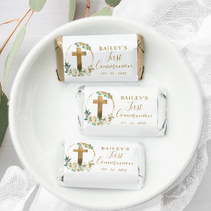 First Communion, Cross Greenery With White Floral Hershey's Miniatures