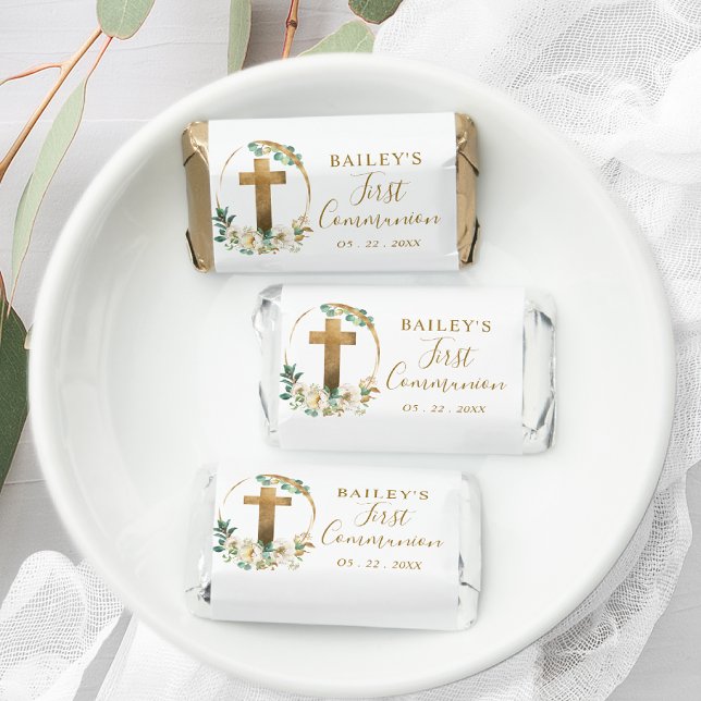 First Communion, Cross Greenery With White Floral Hershey's Miniatures (Creator Uploaded)