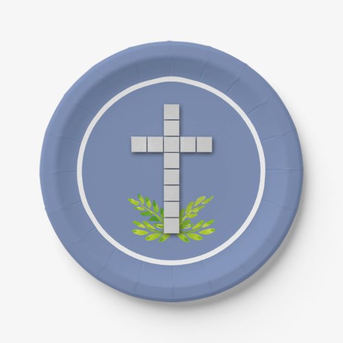 First Communion Cross on Blue Gray Paper Plates
