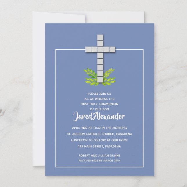 First Communion Cross on Blue Invitations (Front)
