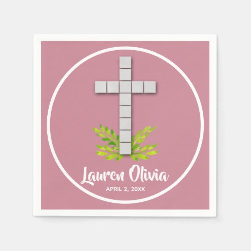 First Communion Cross on Dusty Pink Napkins
