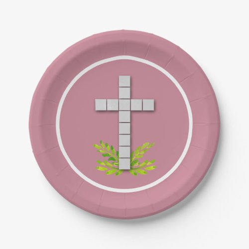 First Communion Cross on Dusty Rose Paper Plates