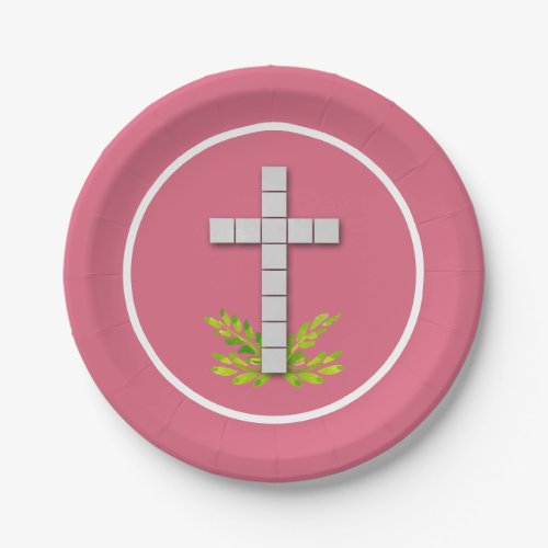First Communion Cross on Hot Pink Paper Plates