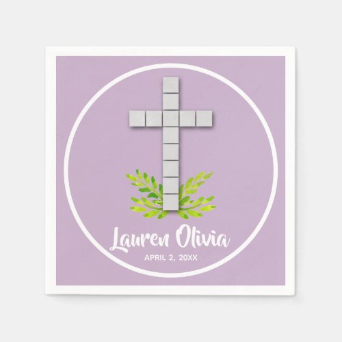 First Communion Cross on Lavender Napkins