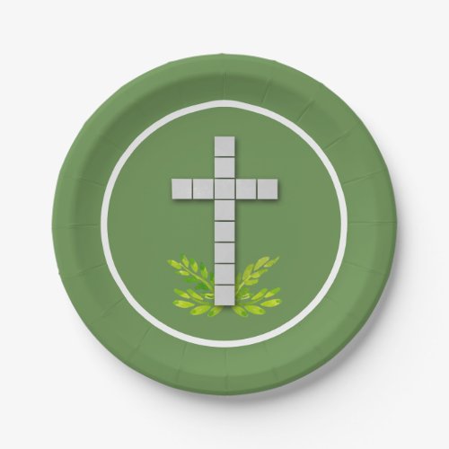 First Communion Cross on Moss Green Paper Plates