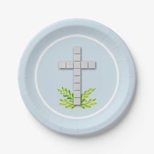 First Communion Cross on Pale Blue Paper Plates