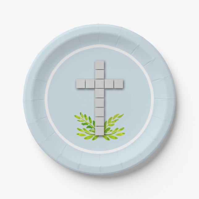 First Communion Cross on Pale Blue Paper Plates (Front)