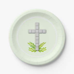 First Communion Cross on Pale Green Paper Plates