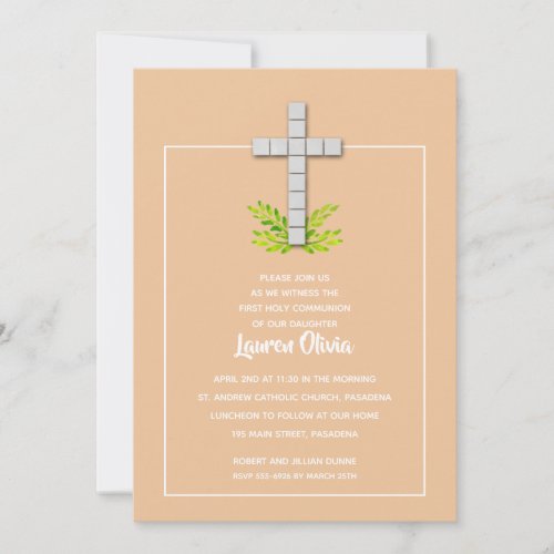 First Communion Cross on Peach Invitations