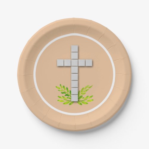 First Communion Cross on Peach Paper Plates