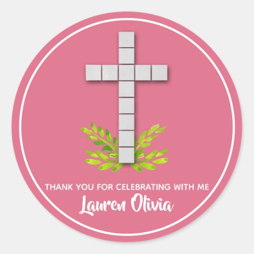 First Communion Cross on Pink Classic Round Sticker