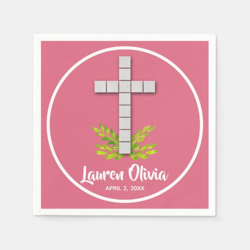 First Communion Cross on Pink Napkins