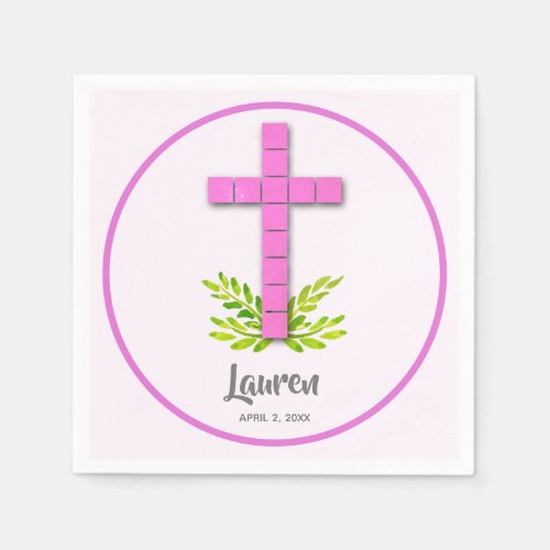 First Communion Cross on Pink Napkins