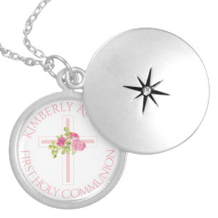 First Communion Cross Pink Roses Monogrammed Name Locket Necklace