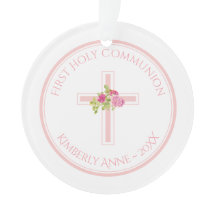 First Communion Cross Pink Roses Monogrammed Name
