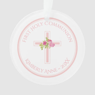 First Communion Cross Pink Roses Monogrammed Name Ornament