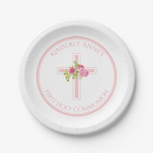 First Communion Cross Pink Roses Monogrammed Name Paper Plates
