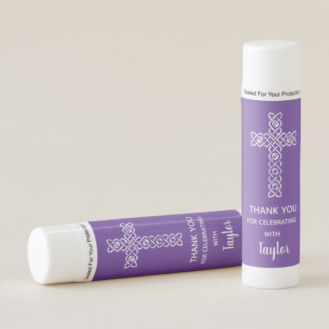 First Communion Cross Purple Thank You Lip Balm (Front)