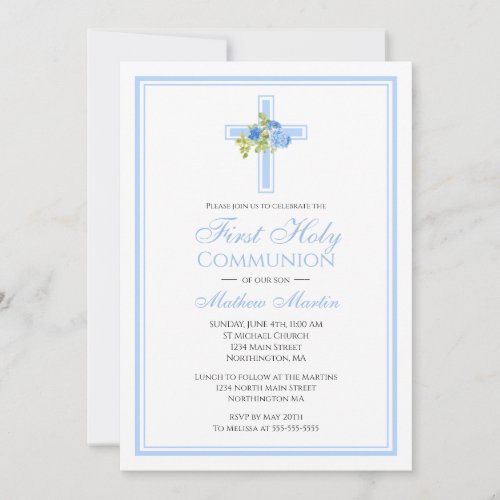 First Communion Cross with Blue Roses Christian Invitation