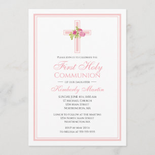 First Communion Cross with Pink Roses Christian Invitation