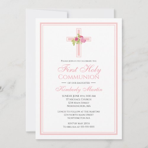 First Communion Cross with Pink Roses Christian Invitation