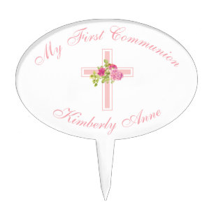 First Communion Cross with Pink Roses Monogrammed Cake Topper