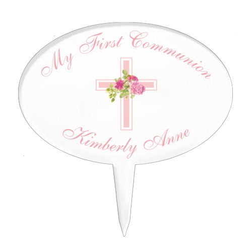 First Communion Cross with Pink Roses Monogrammed Cake Topper