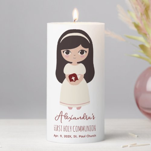 First Communion Cute Brunette Girl in White Dress  Pillar Candle