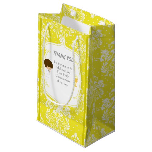 First Communion Damask Brunette Boy Thank You Small Gift Bag