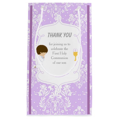 First Communion Damask Brunette Boy Thank You Small Gift Bag