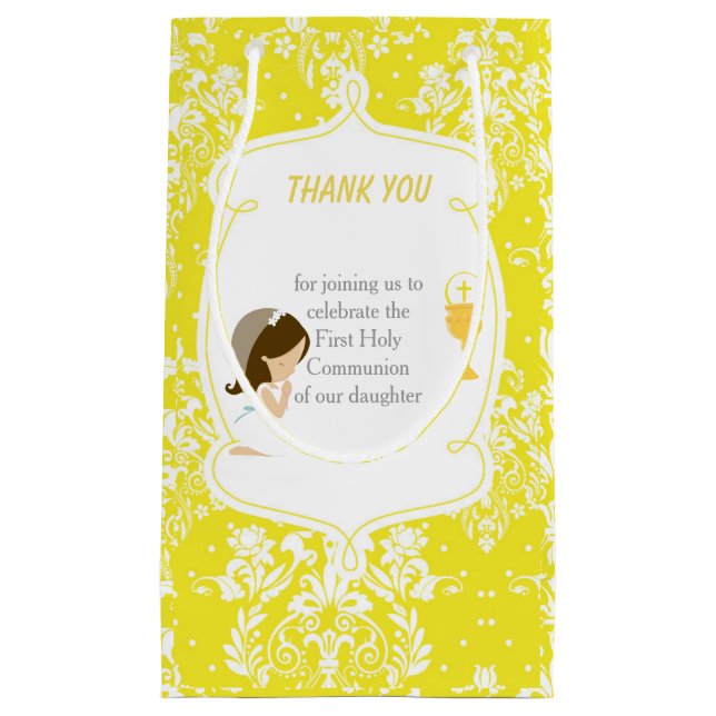 First Communion Damask Brunette Girl Thank You Small Gift Bag (Front)