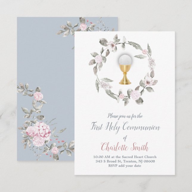 first communion delicate floral watercolor invitation (Front/Back)