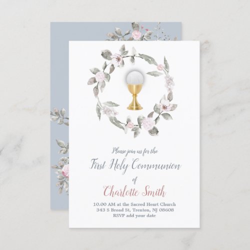 first communion delicate floral watercolor invitation