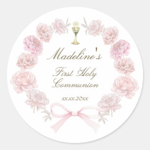 first communion delicate peonies frame classic round sticker