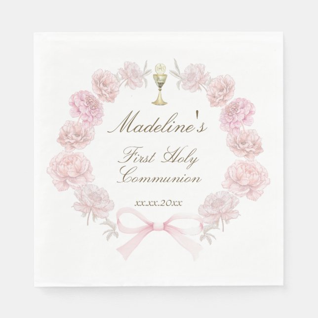 first communion delicate peonies frame napkins (Front)