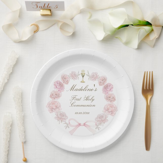first communion delicate peonies frame paper plates (Wedding)