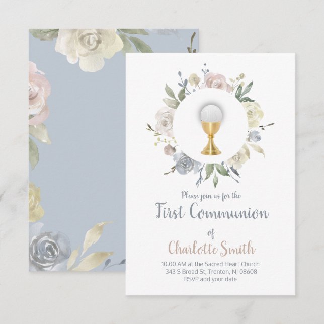 first communion delicate watercolor flowers invitation (Front/Back)