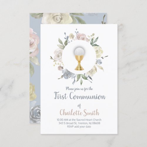 first communion delicate watercolor flowers invitation