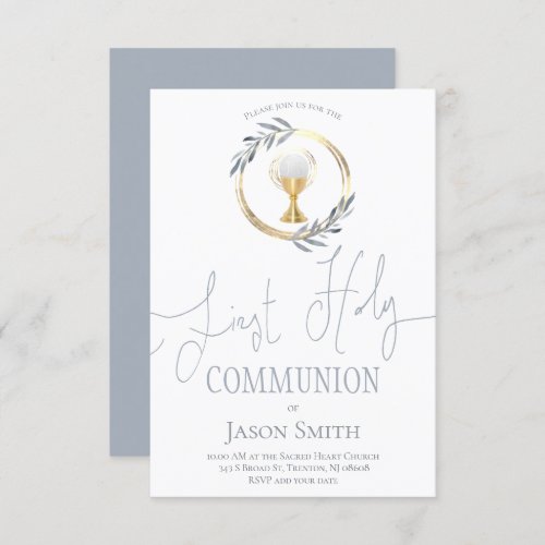 first communion dusty blue and faux gold circle invitation