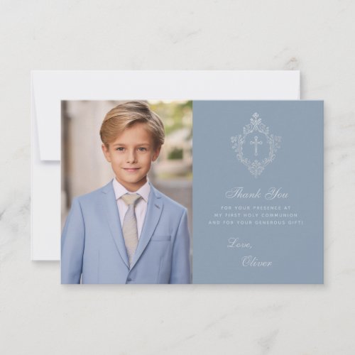 First Communion Dusty Blue Elegant Boy Photo Crest Thank You Card