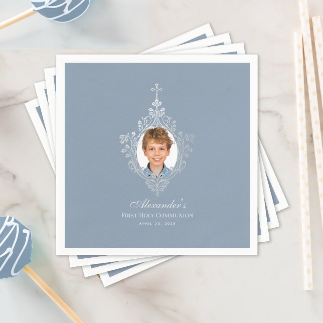 First Communion Dusty Blue Elegant Boy Photo Napkins (Creator Uploaded)