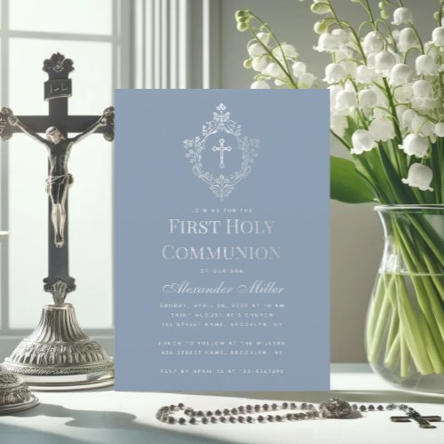 First Communion Dusty Blue Elegant Crest Cross Boy Invitation