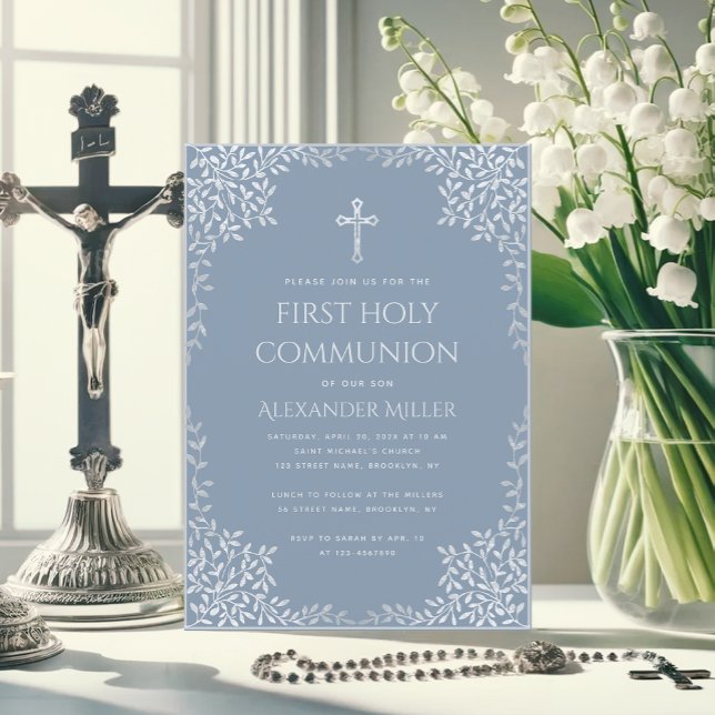 First Communion Dusty Blue Elegant Silver Leaves  Invitation (Creator Uploaded)